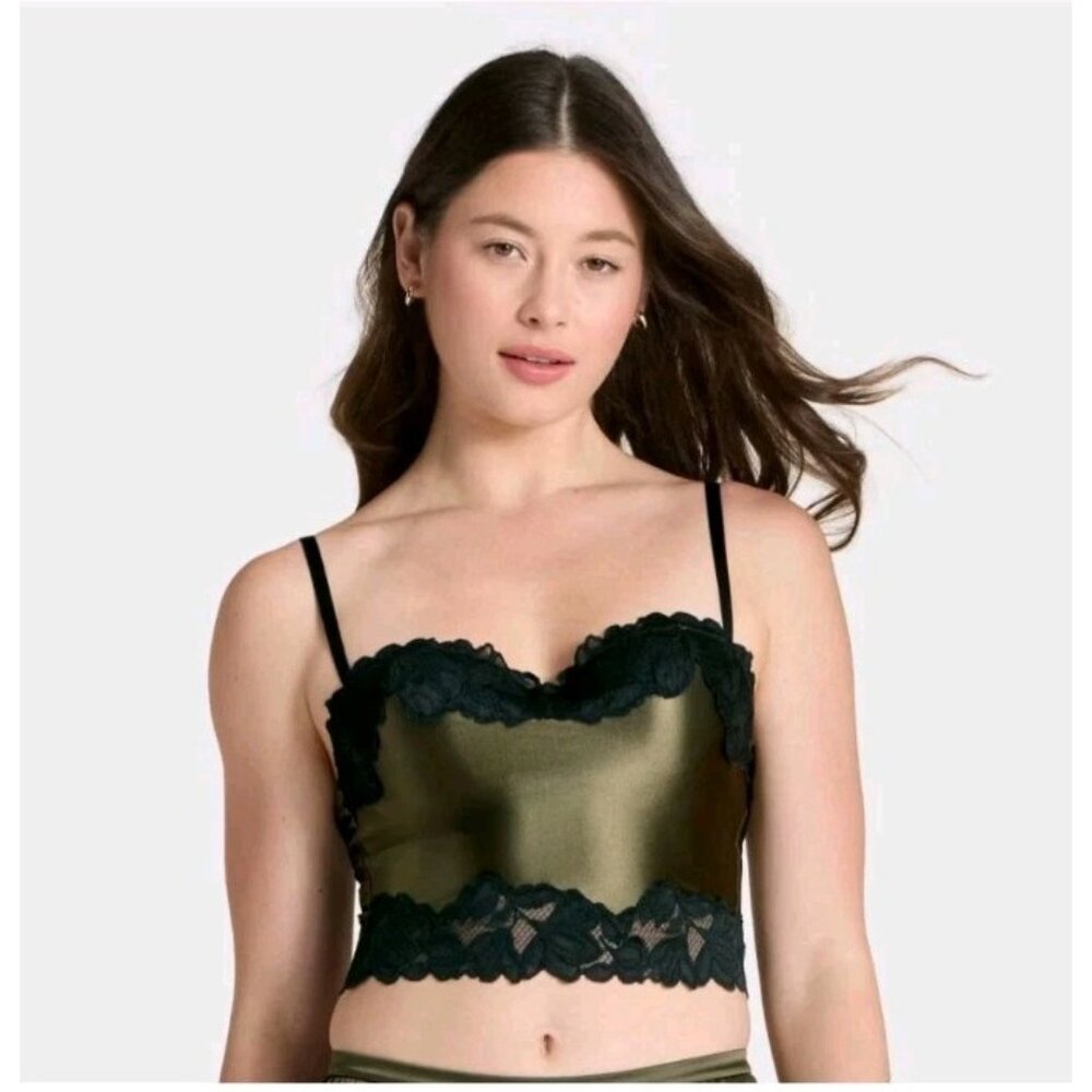 Women's Satin & Lace Lightly Lined Cami Bra - Auden Moss Green Large